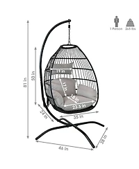 Outdoor Resin Wicker Patio Delaney Hanging Basket Egg Chair with Cushions, Headrest, and Steel Stand Set - Gray - 3pc
