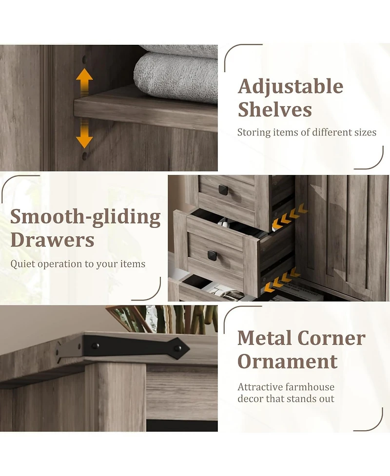 5 Drawer Dresser, Farmhouse Wooden Chest of Drawers with Sliding Barn Door, Adjustable Shelf, Tall Antique Dresser, Storge Cabinet for Bedroom