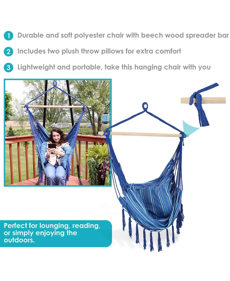 Indoor or Outdoor Hanging Hammock Chair with Cushions - Fabric with Tassels - 265-Pound Capacity - Cornflower Stripes