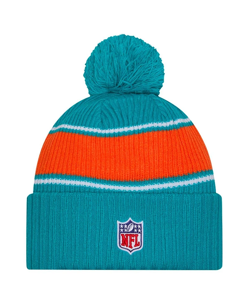 New Era Men's Aqua Miami Dolphins 2024 Sideline Cuffed Knit Hat with Pom