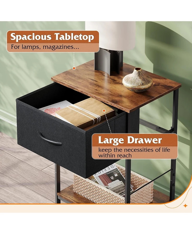 Wlive Nightstand Set of 2 End Table with Fabric Storage Drawer and Open Wood Shelf Bedside Furniture Steel Frame Side for Bedroom Dorm