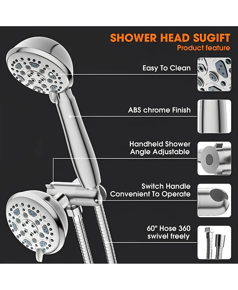 Sugift 6-Spray Setting High Pressure Dual Rain Shower Head with Handheld Valve and 59" Flexible Hose (Brushed Nickel)