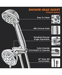 Sugift 6-Spray Setting High Pressure Dual Rain Shower Head with Handheld Valve and 59" Flexible Hose (Brushed Nickel)