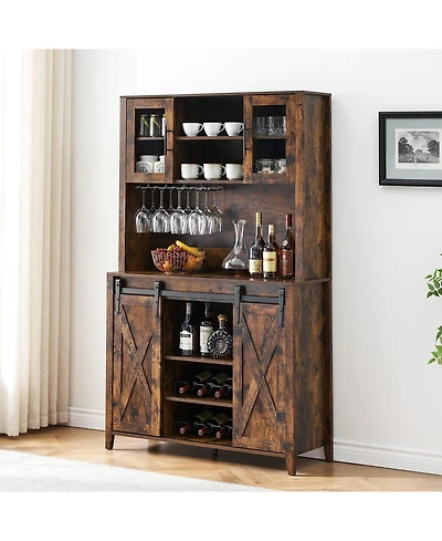 gaomon 70" Farmhouse Bar Wine Cabinet with Sliding Barn Doors, Coffee Liquor Cabinets with Storage Shelves and Glasses Rack for Kitchen