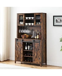 gaomon 70" Farmhouse Bar Wine Cabinet with Sliding Barn Doors, Coffee Liquor Cabinets with Storage Shelves and Glasses Rack for Kitchen