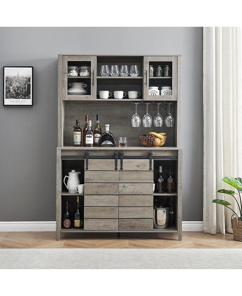 gaomon 70'' Tall Farmhouse Coffee Bar Cabinet, Kitchen Hutch Storage with Sliding Barn Door, Kitchen Buffet with Wine Rack, Glass Holder, Wine Bar Cab