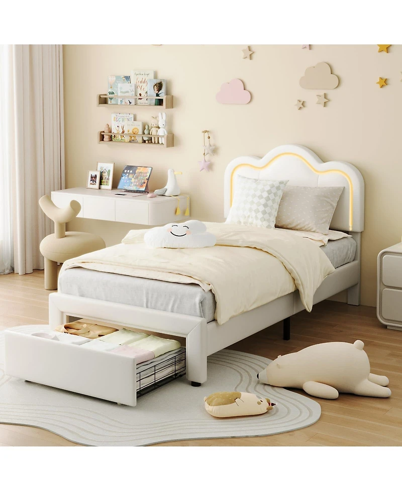 gaomon Twin Upholstered Bed Frame with Adjustable Headboard & Smart Led with drawer