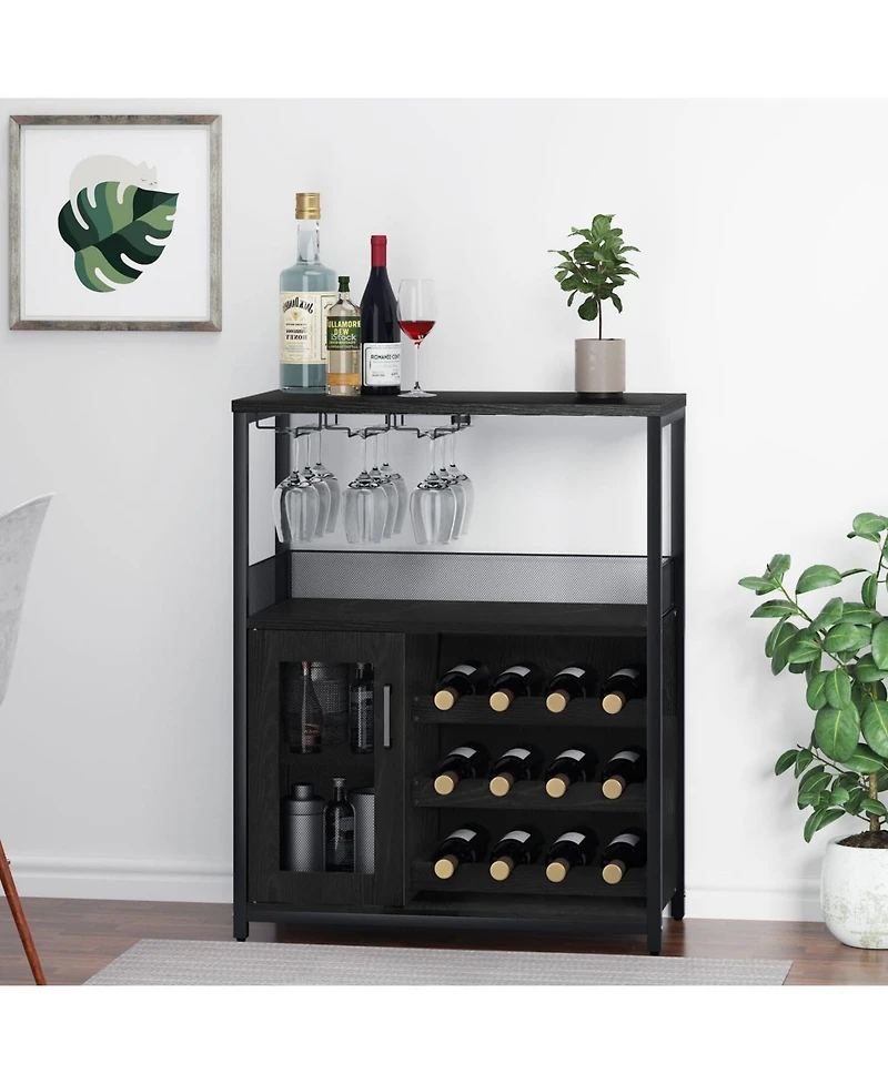 gaomon Wine Bar Cabinet with Detachable Wine Rack, Bar Rack Cabinet with Glass Holder and 1 Drawer, Mesh Door
