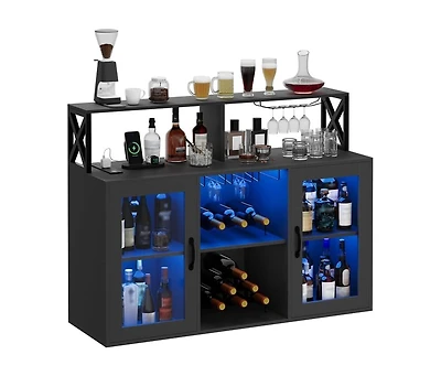 gaomon Farmhouse Wine Bar Cabinet with Led Light,Tempered Glass Doors, Power Outlet,Wine and Goblet Holder,Liquor Storage Cabinet for Dining Room, Liv