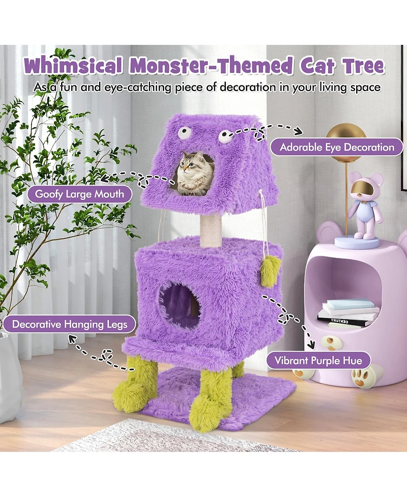 Gymax Cat Tree Cute Monster-Themed Cat Tower w/ 2 Private Condos & Soft Long Plush