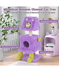 Gymax Cat Tree Cute Monster-Themed Cat Tower w/ 2 Private Condos & Soft Long Plush