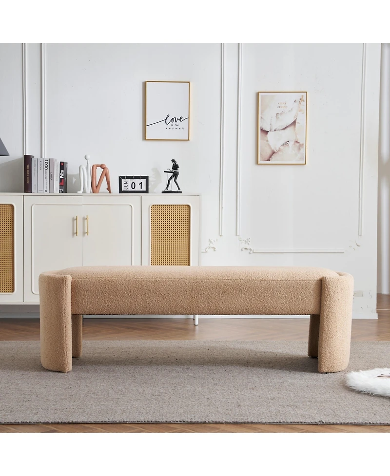 Elegant Long Ottoman Bench, Beige Linen Upholstery with Wooden Frame-The Pop Home