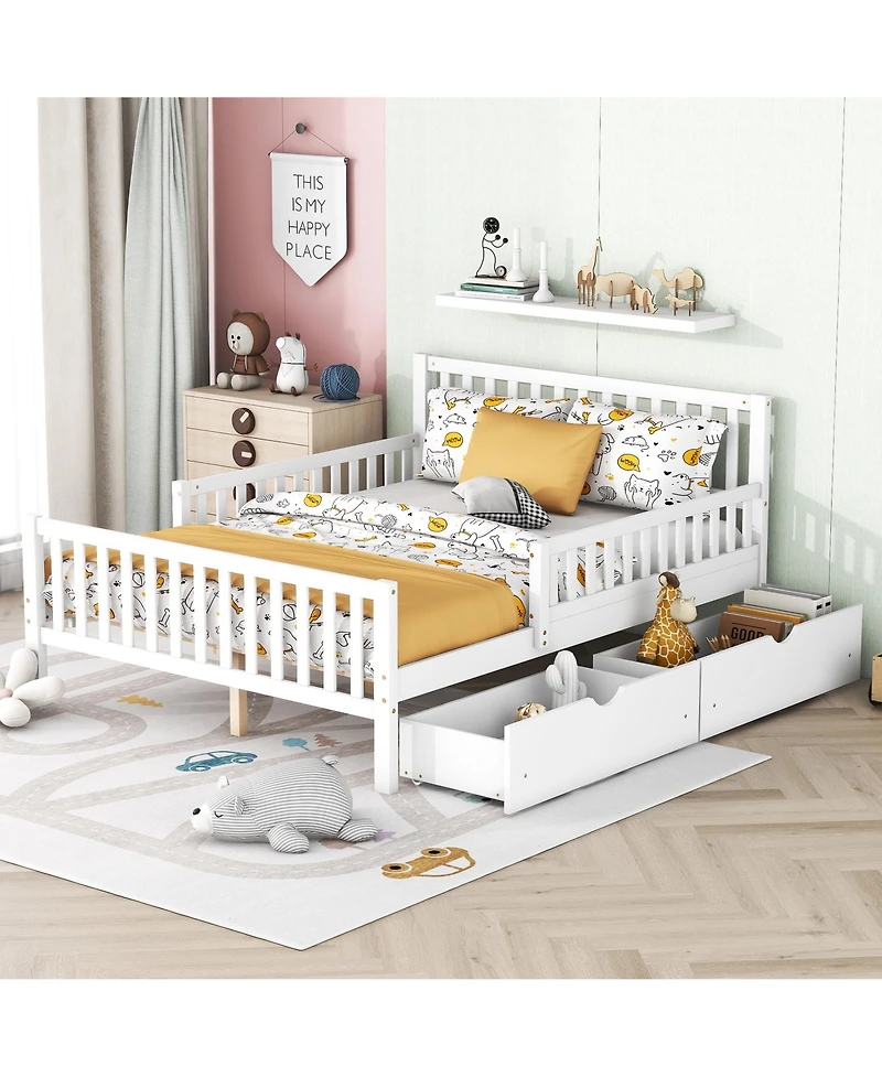 Wood Platform Bed with Guardrails on Both Sides and Two Storage Drawers