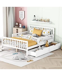 Wood Platform Bed with Guardrails on Both Sides and Two Storage Drawers