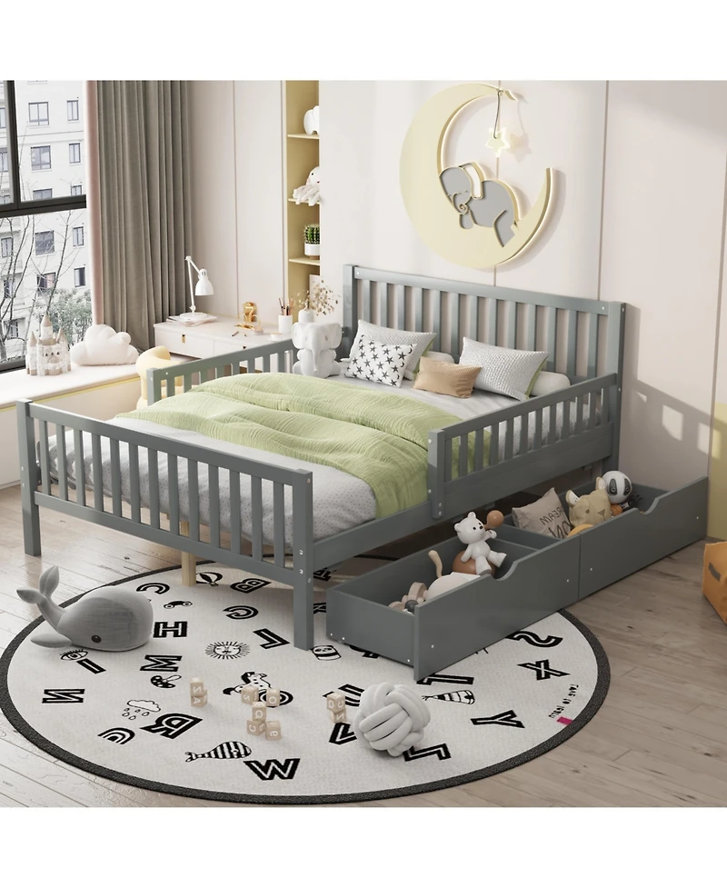 Wood Platform Bed with Guardrails on Both Sides and Two Storage Drawers