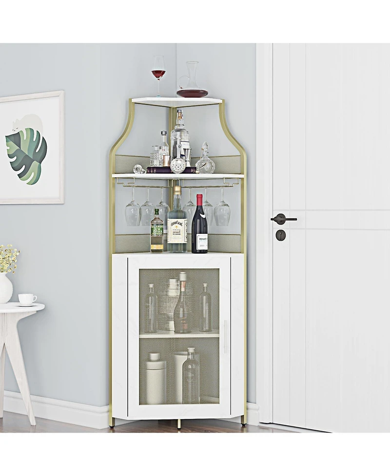 gaomon Corner Wine Bar Rack Cabinet with Detachable Wine Rack, Home Bar Cabinet with Barn Door and Adjustable Shelf