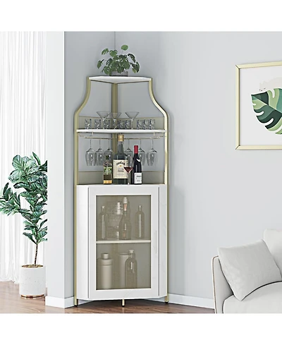 gaomon Corner Wine Bar Rack Cabinet with Detachable Wine Rack, Home Bar Cabinet with Barn Door and Adjustable Shelf