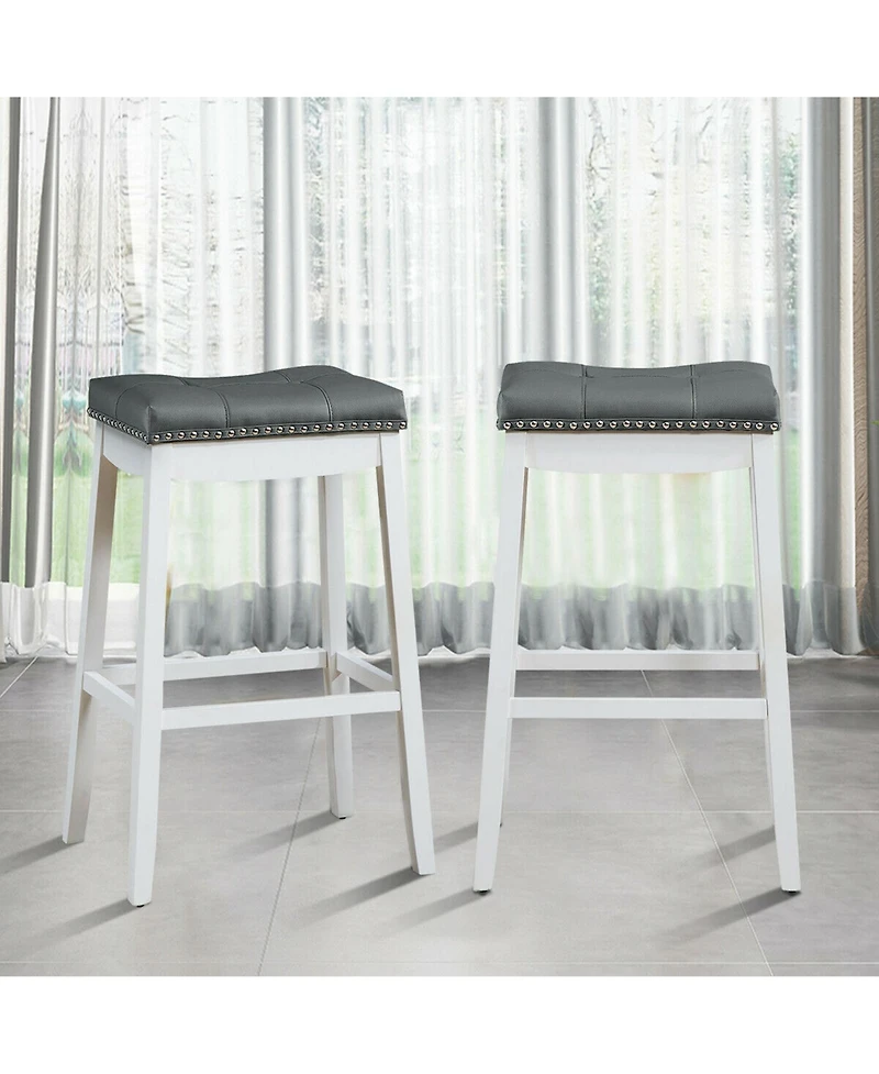 Gymax Set of 2 Nailhead Saddle Bar Stools 29'' Pub Chairs with Rubber Wood Legs
