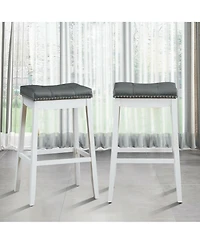 Gymax Set of 2 Nailhead Saddle Bar Stools 29'' Pub Chairs with Rubber Wood Legs