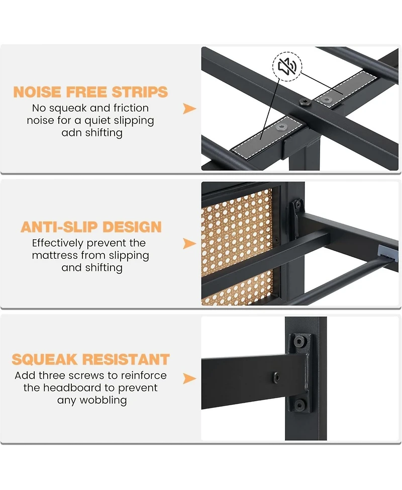 gaomon Rattan Bed Frame with Headboard, Black Boho Cane Platform Bed Frame with Strong Metal Slat, Noise Free, No Box Spring Needed