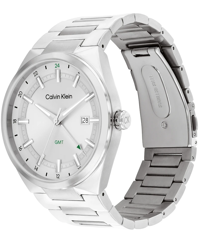 Calvin Klein Men's Distinguish Gmt Silver Tone Stainless Steel Bracelet Watch, 44mm