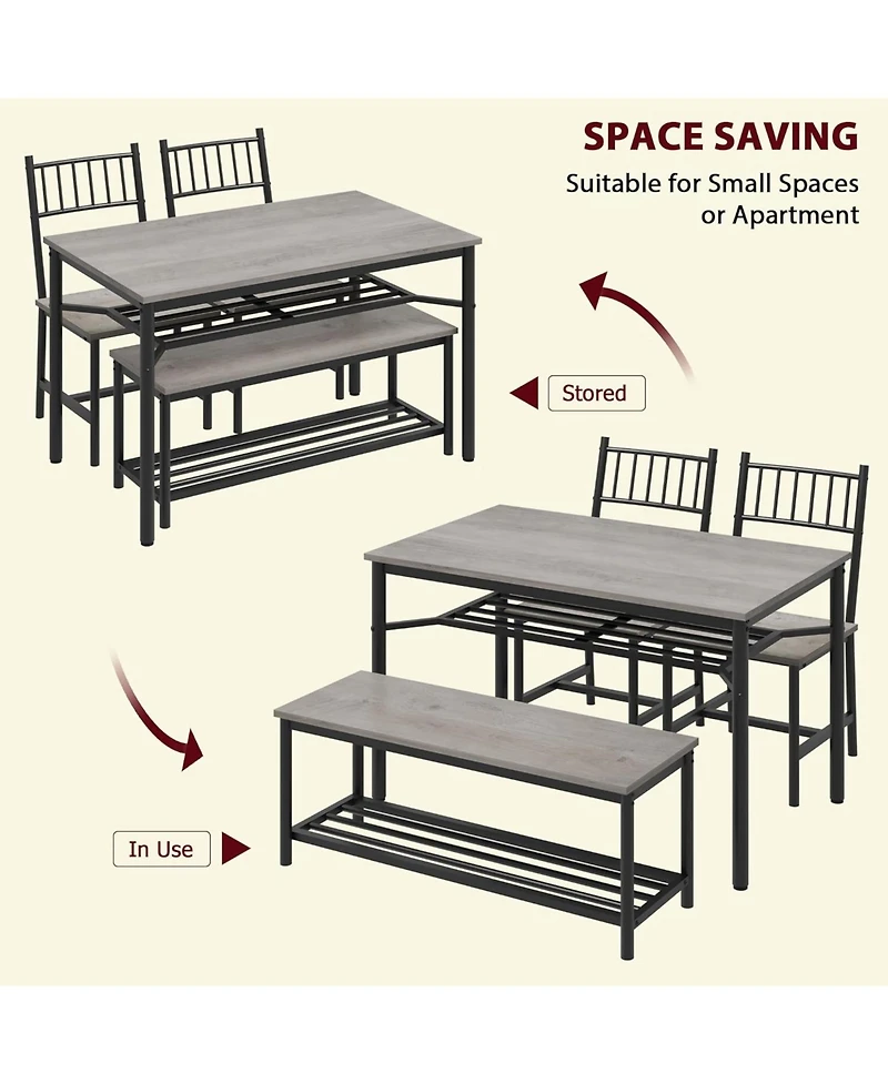 gaomon Dining Table Set for 4 Kitchen Table With Bench & 2 Chairs 4-Piece Dining Table Set w/ Storage Wine Rack Rectangular Dining Furniture Set With
