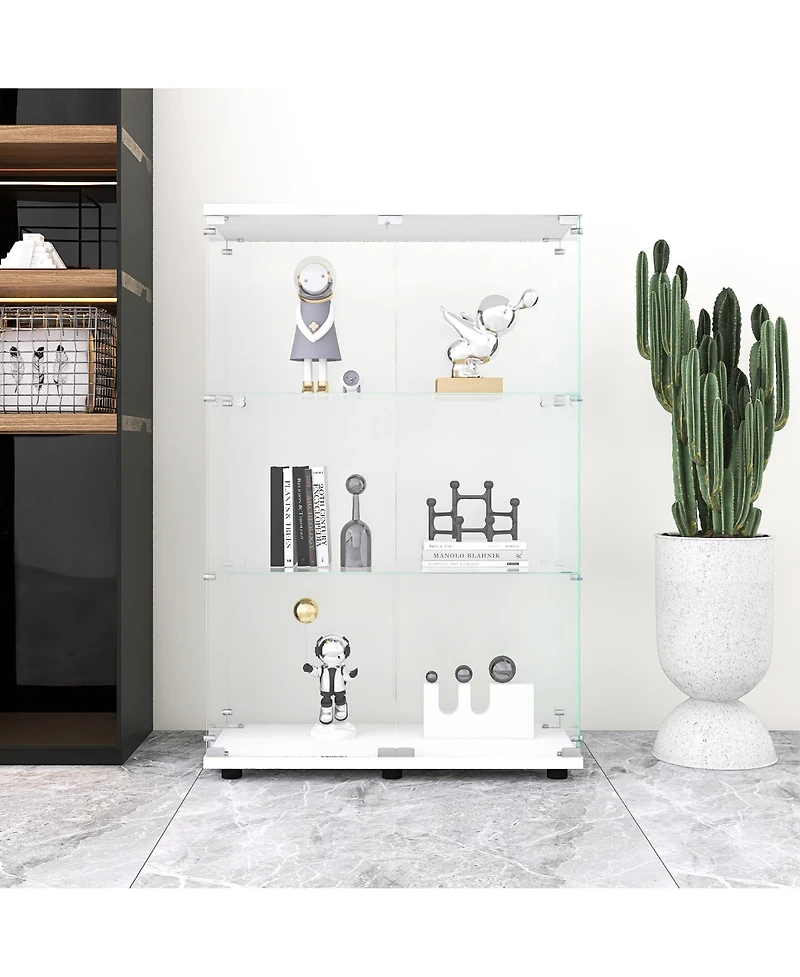 Lovmor Two-door Glass Display Cabinet 3 Shelves with Door, Floor Standing Curio Bookshelf for Living Room Bedroom Office