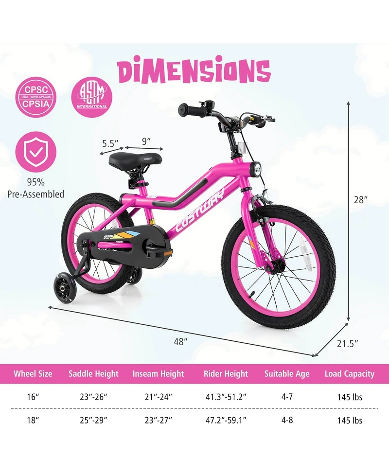 16" Led Lighted Kids Bike with Adjustable Seat Coaster Brake Training Wheels