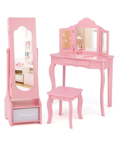 Costway Kids Vanity Set Princess Makeup Dressing Table & Chair Set with Jewelry Armoire