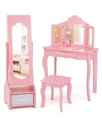 Costway Kids Vanity Set Princess Makeup Dressing Table & Chair Set with Jewelry Armoire