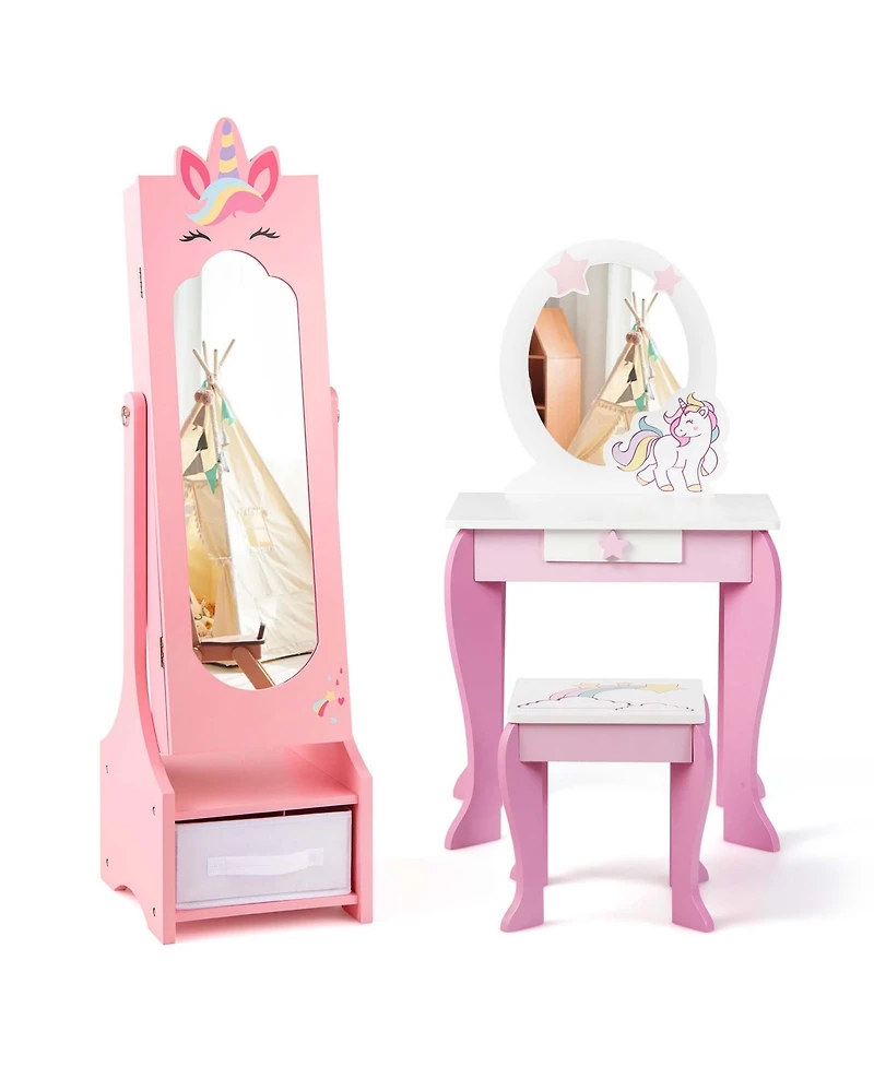 Costway Kids Vanity Set Princess Makeup Dressing Table and Chair Set with Jewelry Armoire