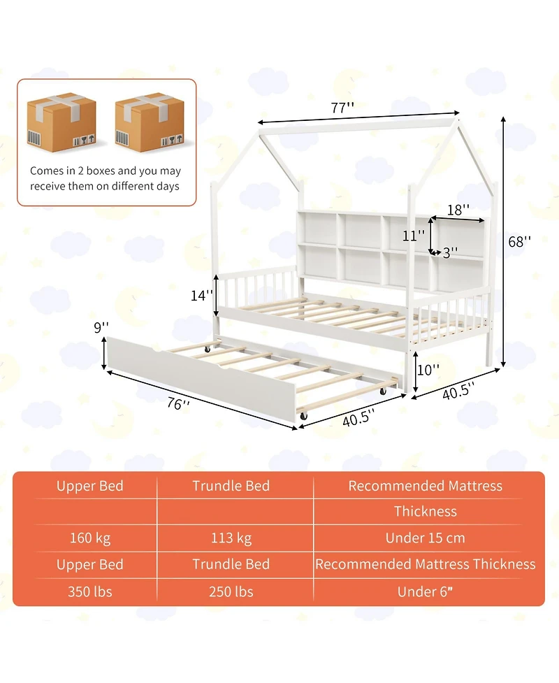 Twin Size Kids Montessori Daybed with Roof Design and Built-in Shelf Compartments