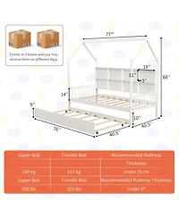 Twin Size Kids Montessori Daybed with Roof Design and Built-in Shelf Compartments