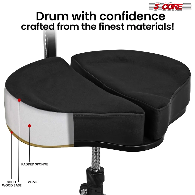5 Core Drum Throne with Backrest Thick Padded Adjustable Guitar Stool Motorcycle Style Saddle Music Chair Seat for Adult Drummers