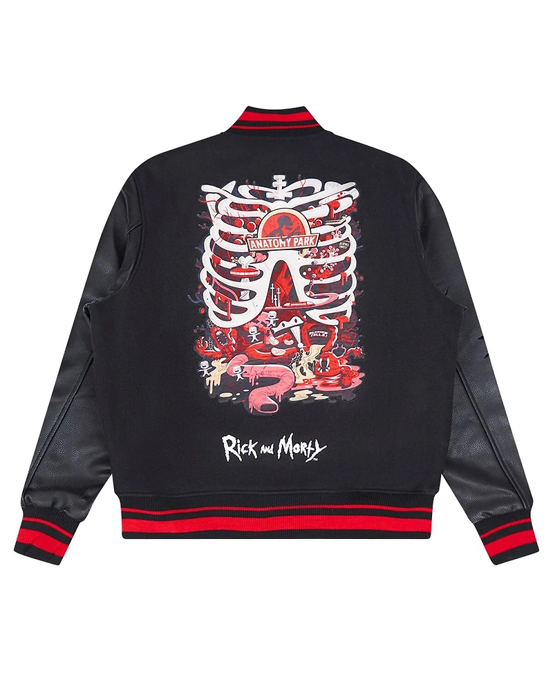 Freeze Max Men's Black Rick And Morty Anatomy Park Full-Zip Varsity Jacket