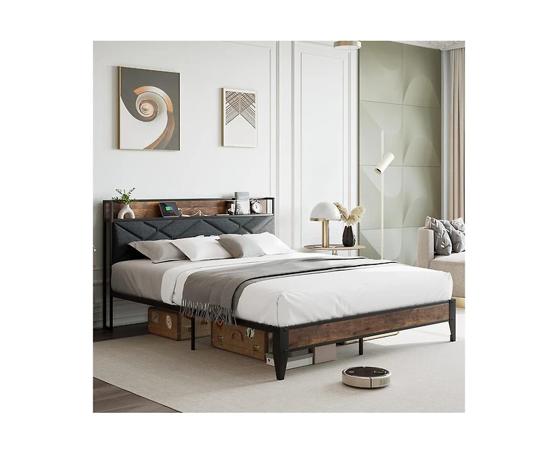 gaomon King Size Bed Frame,Upholstered Headborad with Storage and Charing Station, Tufted Design, Steel Slats Support, No Box Spring Needed, Easy Asse
