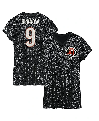 Outerstuff Big Girls Joe Burrow Black Cincinnati Bengals Sequin Player Name Number V-Neck Dress