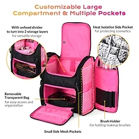 Byootique Rolling Makeup Train Case w/ Backpack Travel Barber Cosmetic Pink