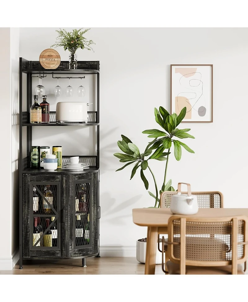 gaomon Corner Bar Cabinet with Charge Oult, 5-Tiers Wine Cabinet with Led Light and Glass Holder, Tall Home Liquor Cabinet for Living Room, Corner Dis
