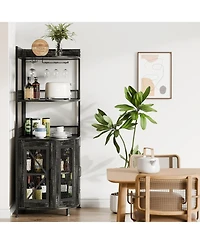 gaomon Corner Bar Cabinet with Charge Oult, 5-Tiers Wine Cabinet with Led Light and Glass Holder, Tall Home Liquor Cabinet for Living Room, Corner Dis