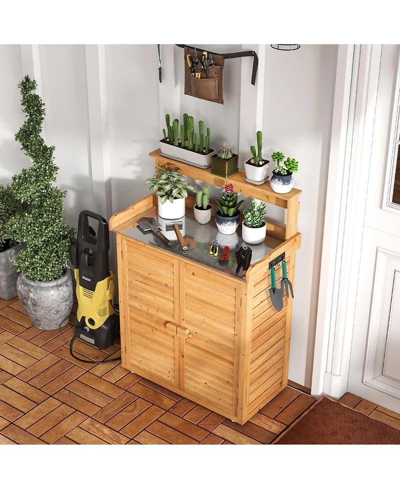 Outdoor Potting Bench with Galvanized Metal Countertop 3 Hanging Hooks