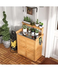 Outdoor Potting Bench with Galvanized Metal Countertop 3 Hanging Hooks