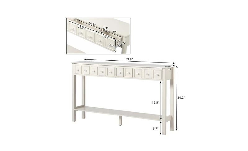 Slickblue Long Console Table Entryway Table with Different Size Drawers and Bottom Shelf