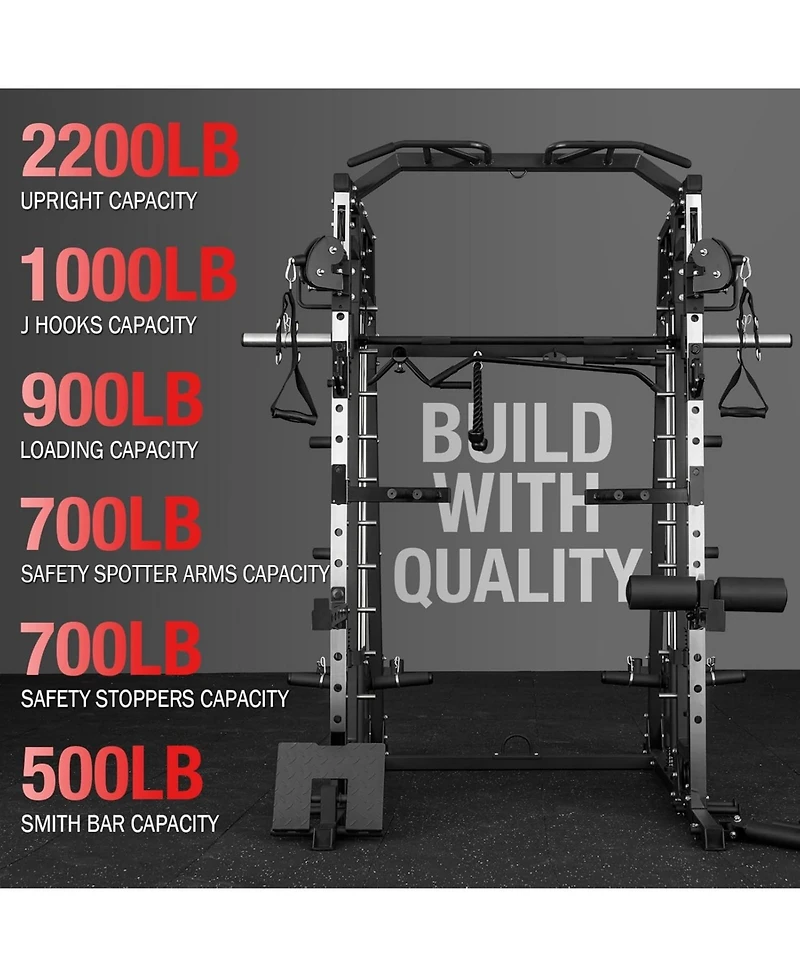 Mikolo Smith Machine, 2200lbs Squat Rack with Lat-Pull Down System & Cable Crossover Training Equipment Leg Hold-Down Attachment