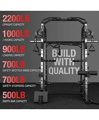 Mikolo Smith Machine, 2200lbs Squat Rack with Lat-Pull Down System & Cable Crossover Training Equipment Leg Hold-Down Attachment