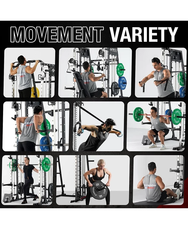 Mikolo Smith Machine, 2200lbs Squat Rack with Lat-Pull Down System & Cable Crossover Training Equipment Leg Hold-Down Attachment
