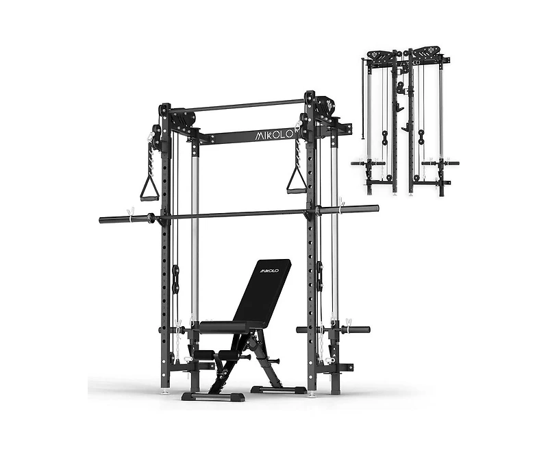 Mikolo Folding Squat Rack, Wall Mounted Power Rack with Cable Crossover Machine & Lat Pull Down, Power Cage with 5 Adjustable Function Modes, Garage &
