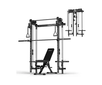Mikolo Folding Squat Rack, Wall Mounted Power Rack with Cable Crossover Machine & Lat Pull Down, Power Cage with 5 Adjustable Function Modes, Garage &