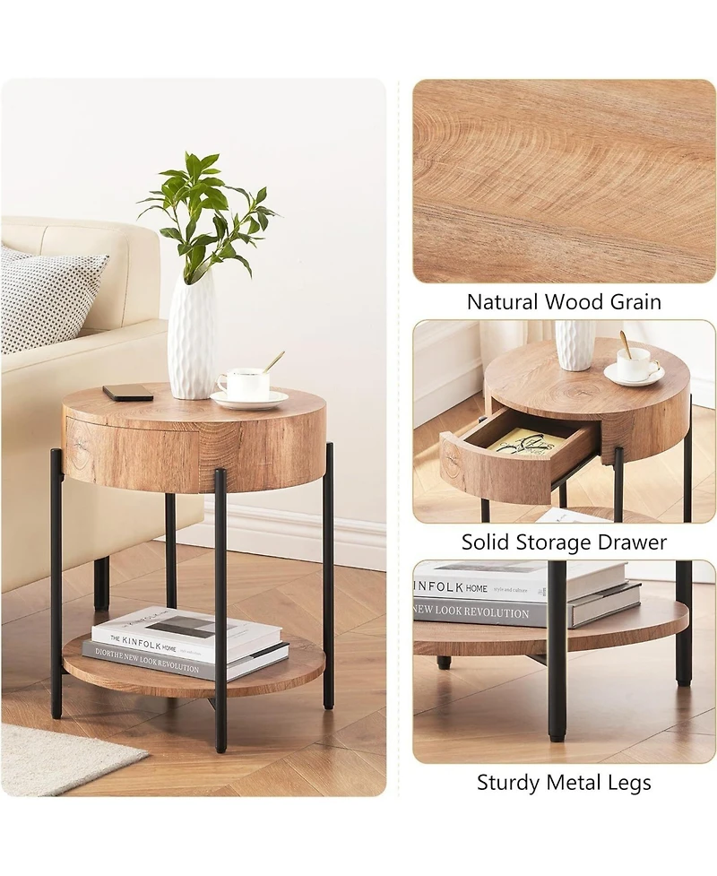 gaomon Round End Table Wood Side Table with Drawer Farmhouse Circle End Tables Accent Bedside Table Metal Frame Small Nightstand for Living Room, Bedr