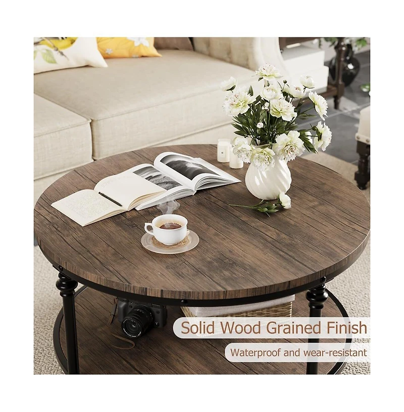 gaomon Coffee Table Round Center Table with Storage Shelf Wooden Circle Coffee Table with Sturdy Metal Legs Rustic 2-Tier Industrial Accent Center Tab